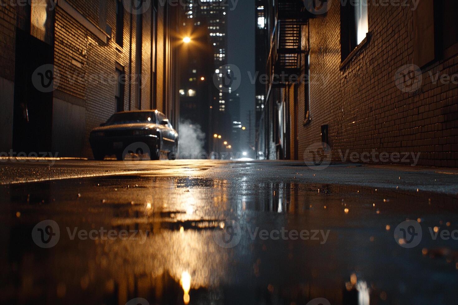 A car is parked in the middle of a city street photo