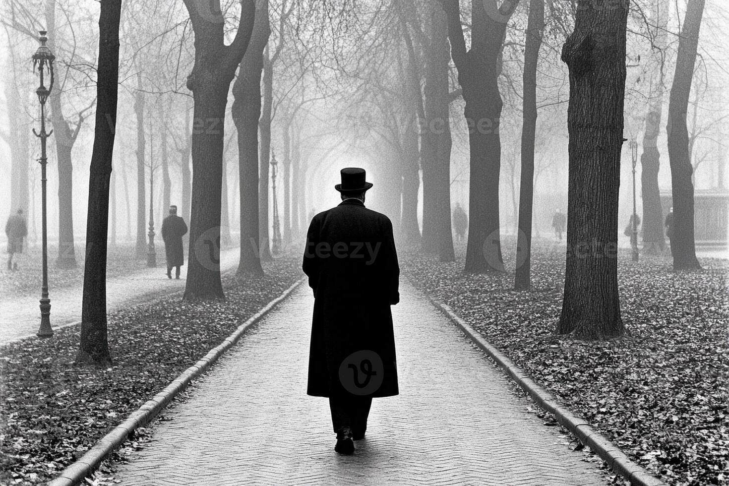 A man in a top hat walks down a path in the fog photo