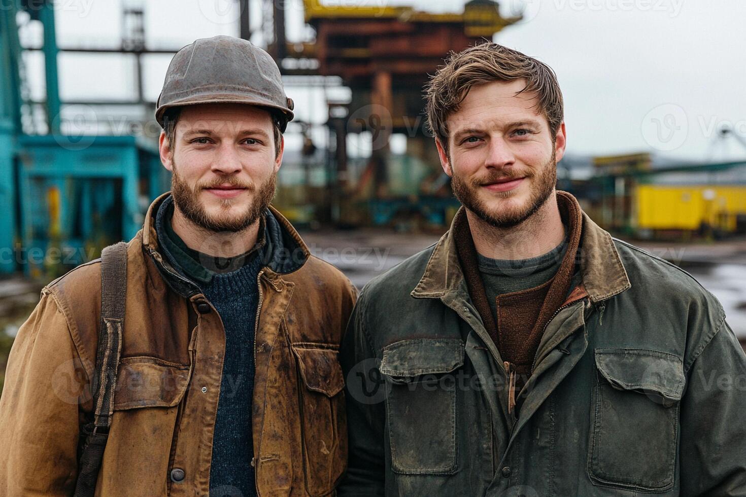 Two men in work clothes standing in front of an industrial building photo