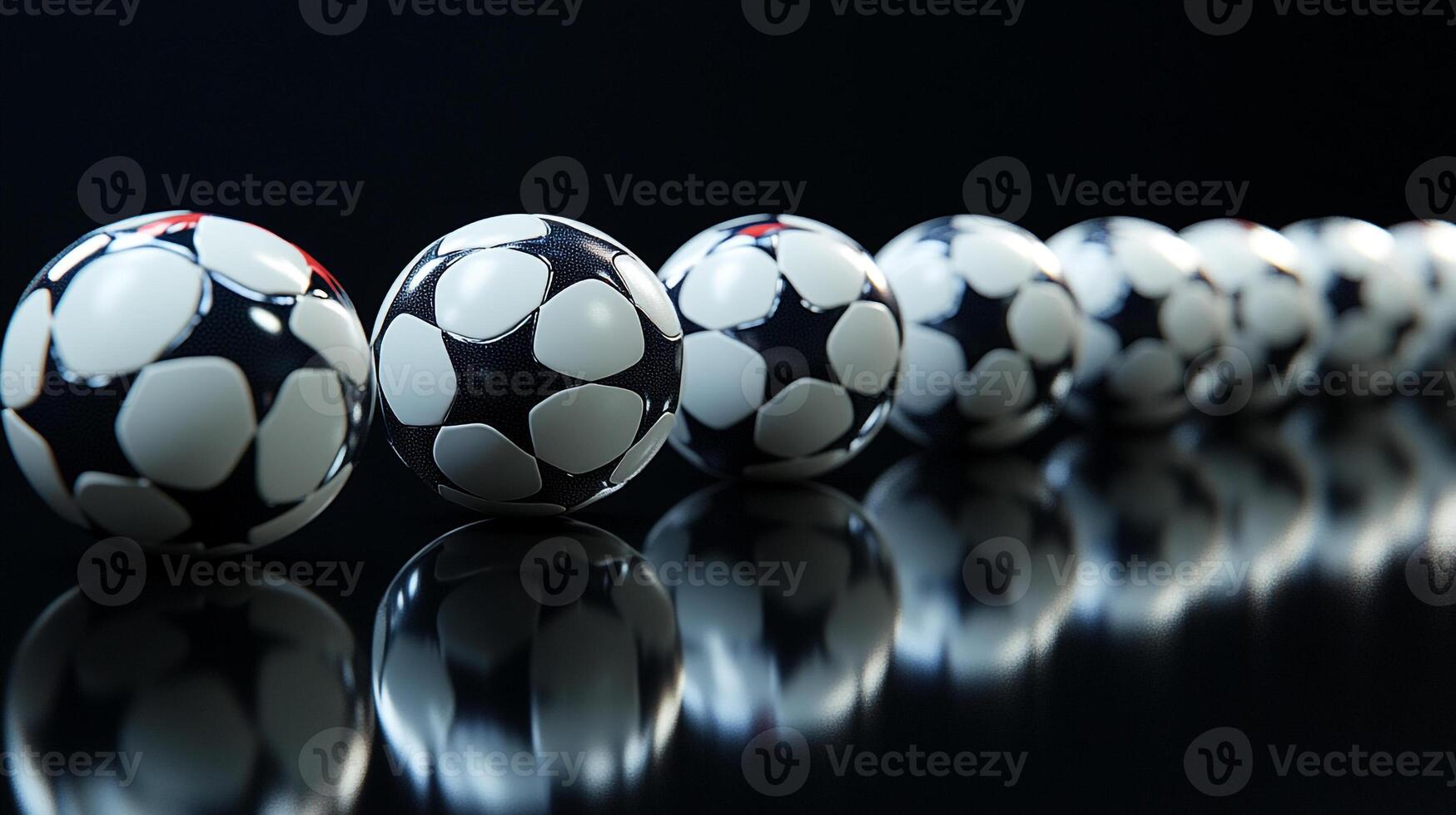 A row of soccer balls on a black surface photo