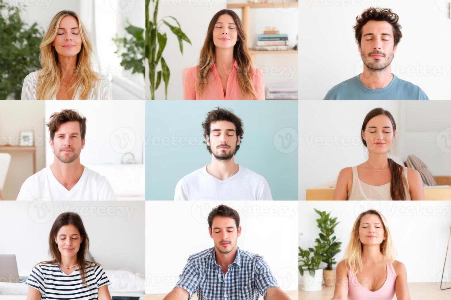 Meditation practice with diverse individuals showcasing relaxation techniques and mindfulness in a serene environment promoting mental wellness concept photo