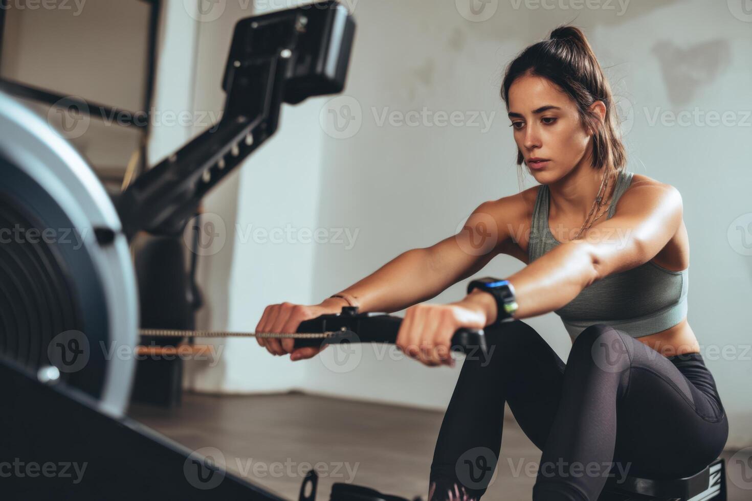 Fitness enthusiast engaged in rowing exercise on machine, showcasing strength and determination in gym environment, promoting healthy lifestyle concept photo