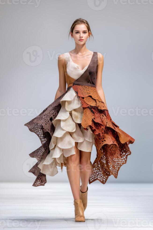 Fashion model walking on catwalk wearing innovative biomorphic dress photo