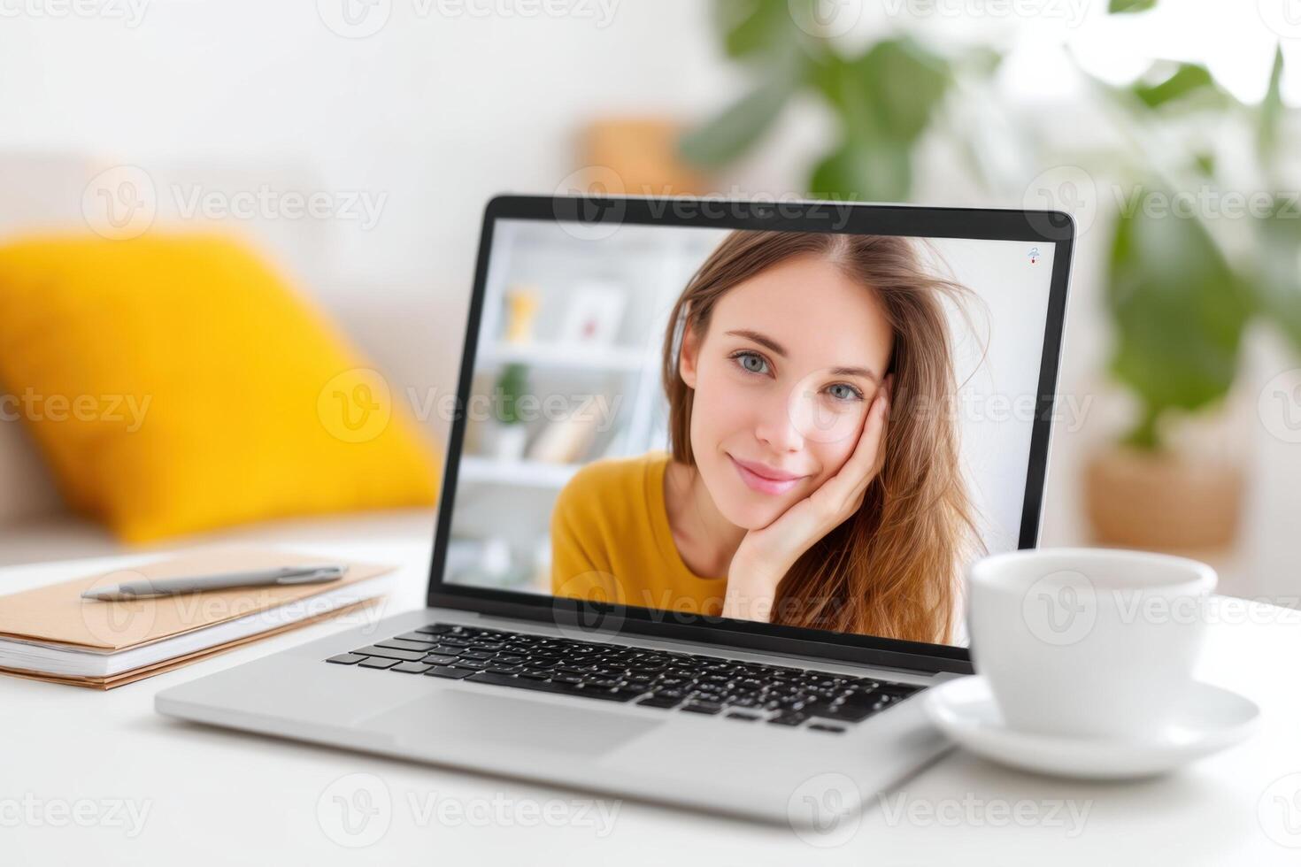 Personal wellness coach engaging with clients through call on laptop, showcasing a bright and inviting workspace, healthy lifestyle concept photo