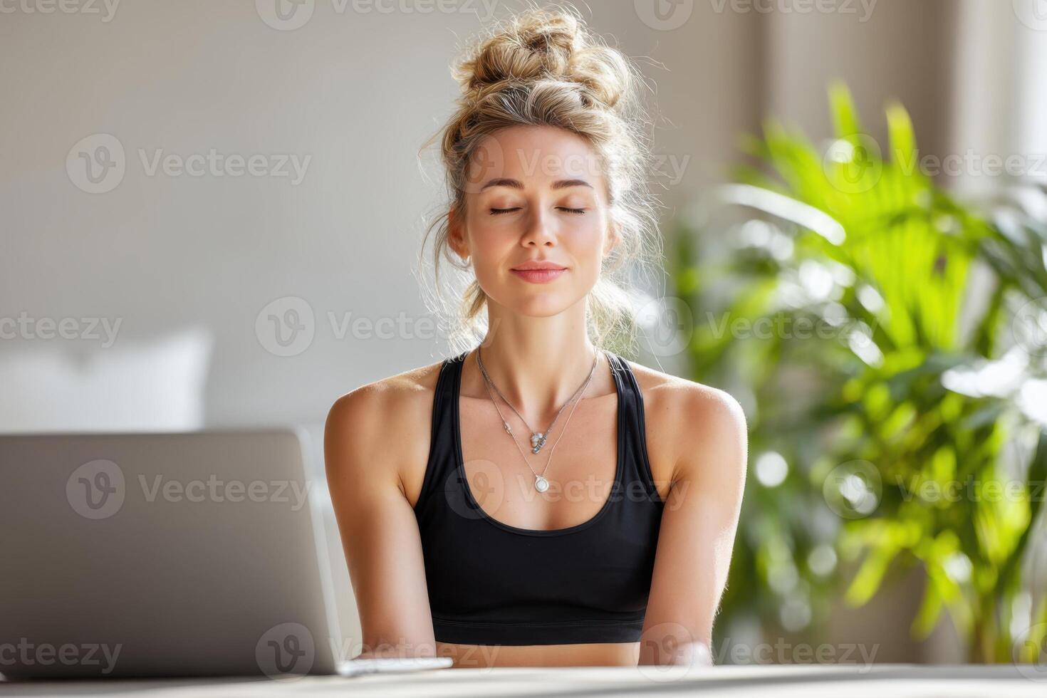 Emote worker enjoying a mid-day break while practicing mindfulness and relaxation techniques in a serene workspace environment healthy lifestyle concept photo