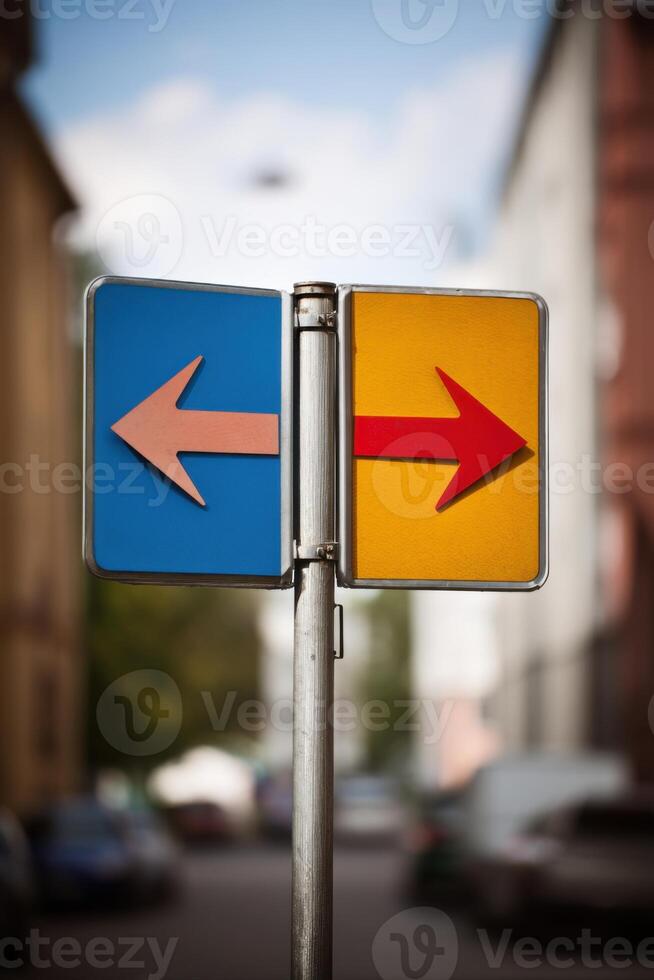 Directional signpost with blue left arrow and red right arrow indicating choices in urban setting, navigation concept photo