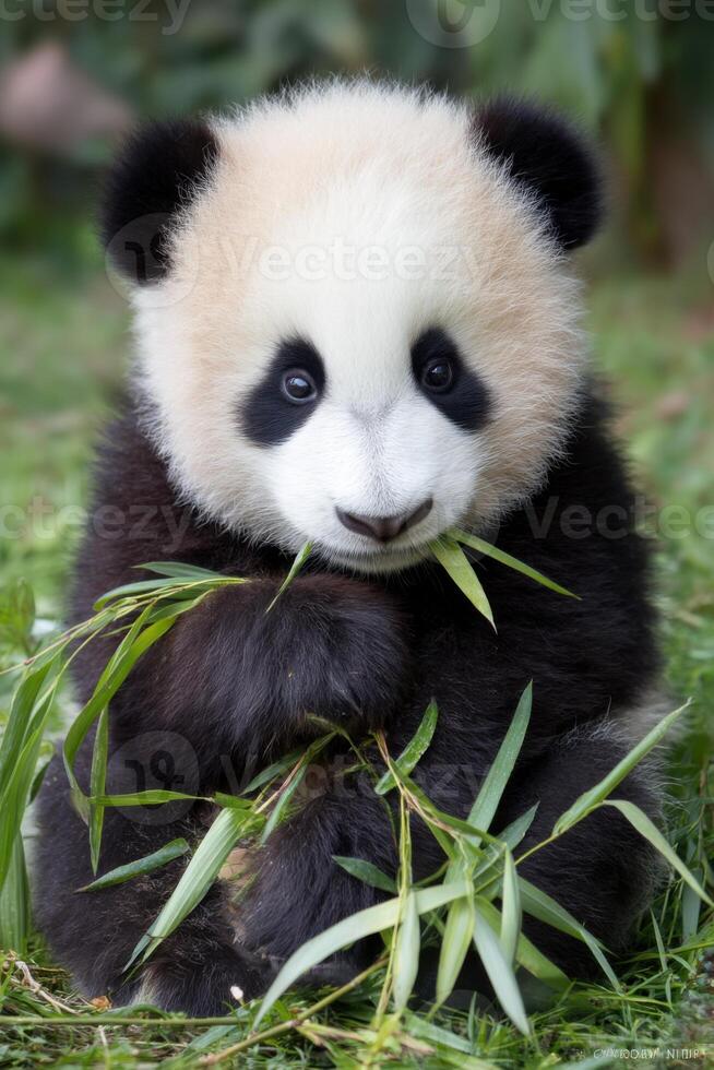 Baby panda eating bamboo shoots sitting on grass photo