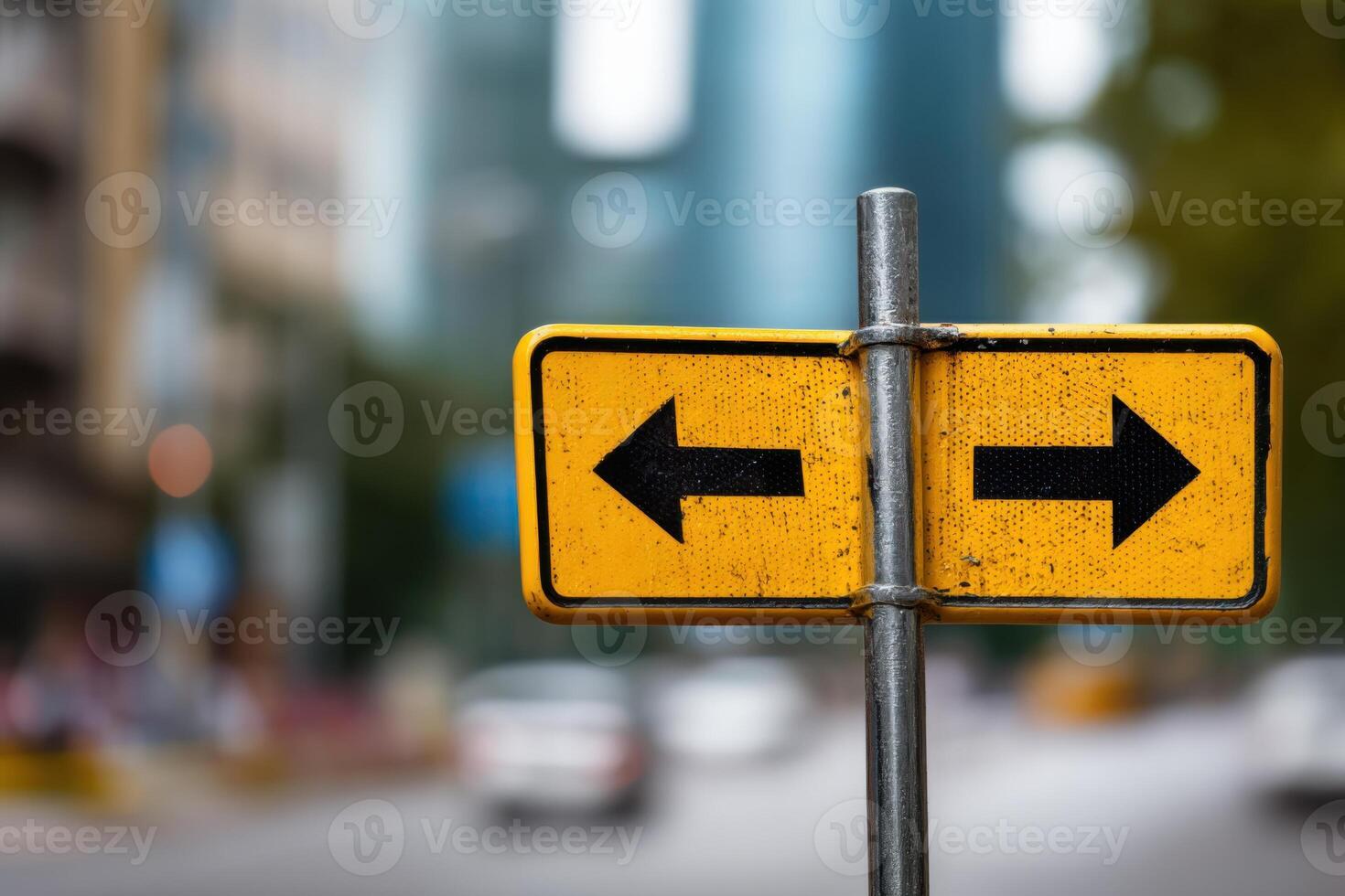 Directional road sign indicating left and right turns in an urban setting with blurred background of buildings and vehicles, navigation concept photo