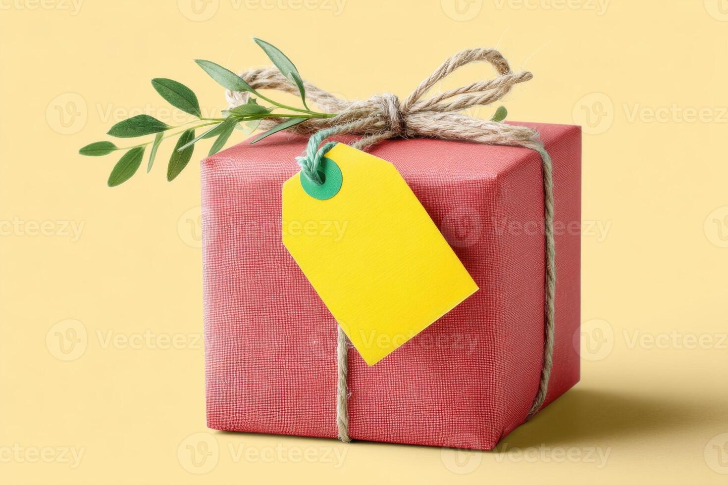 Red gift box with yellow tag and green leaves on pastel yellow background photo