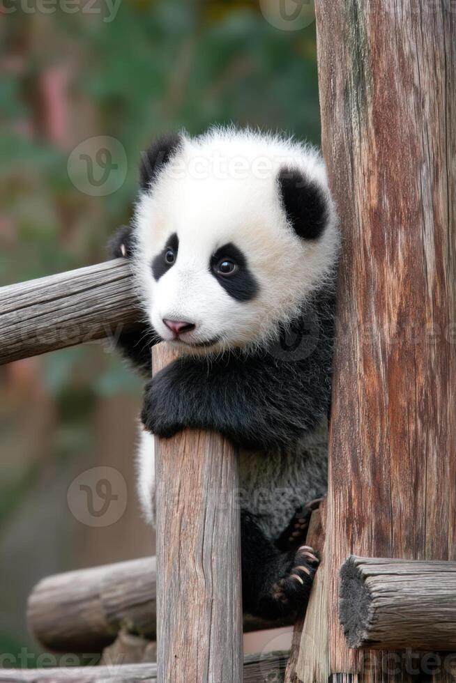 Playful baby panda climbing wooden structure in China photo