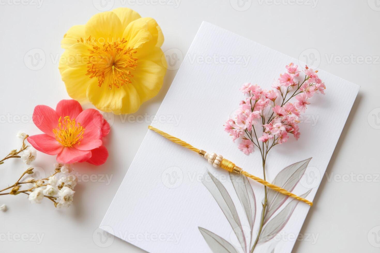 Celebrating rakhi with minimalist flat lay featuring gold thread and flowers photo
