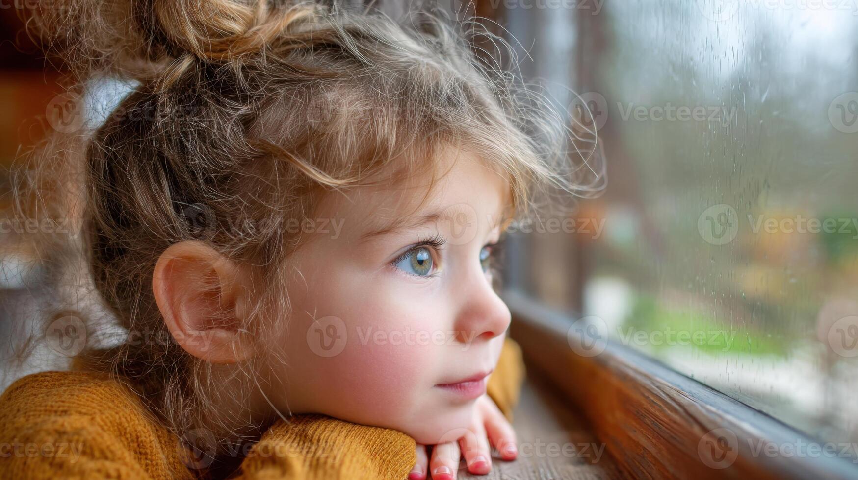 Little girl looking out the window while it's raining photo