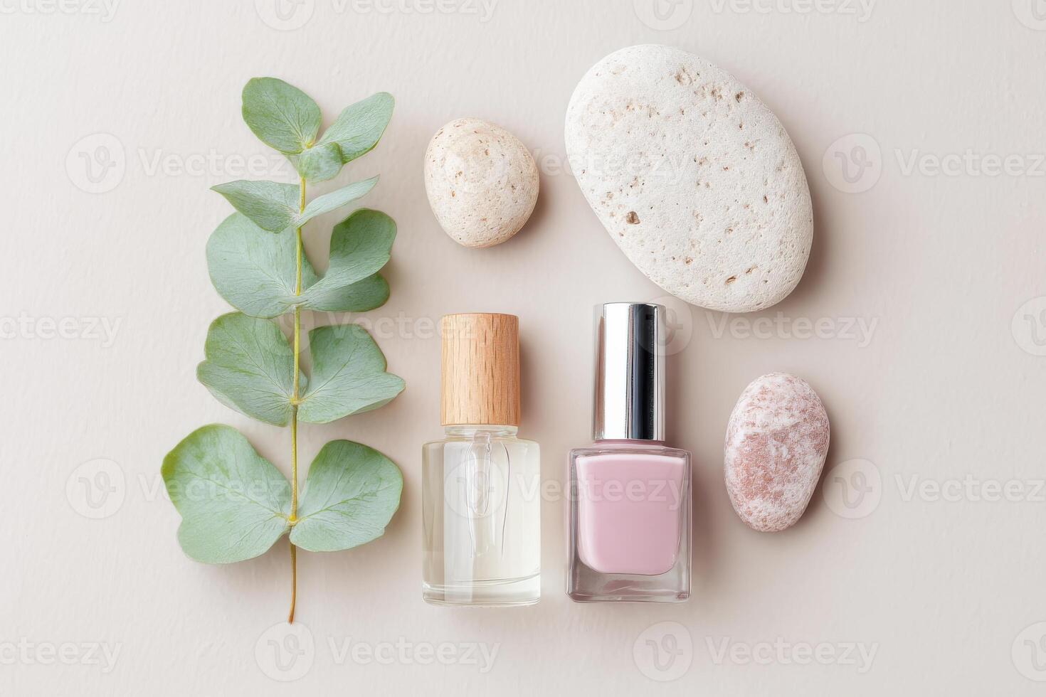 Eucalyptus, essential oil and nail polish creating relaxing spa composition photo