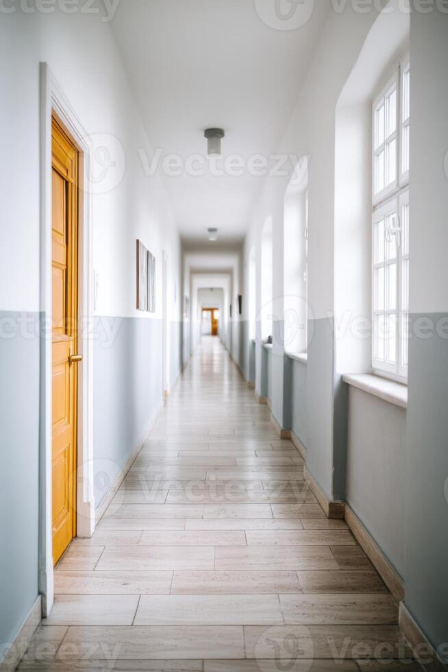 Empty hallway with wooden floor and muted color grading photo
