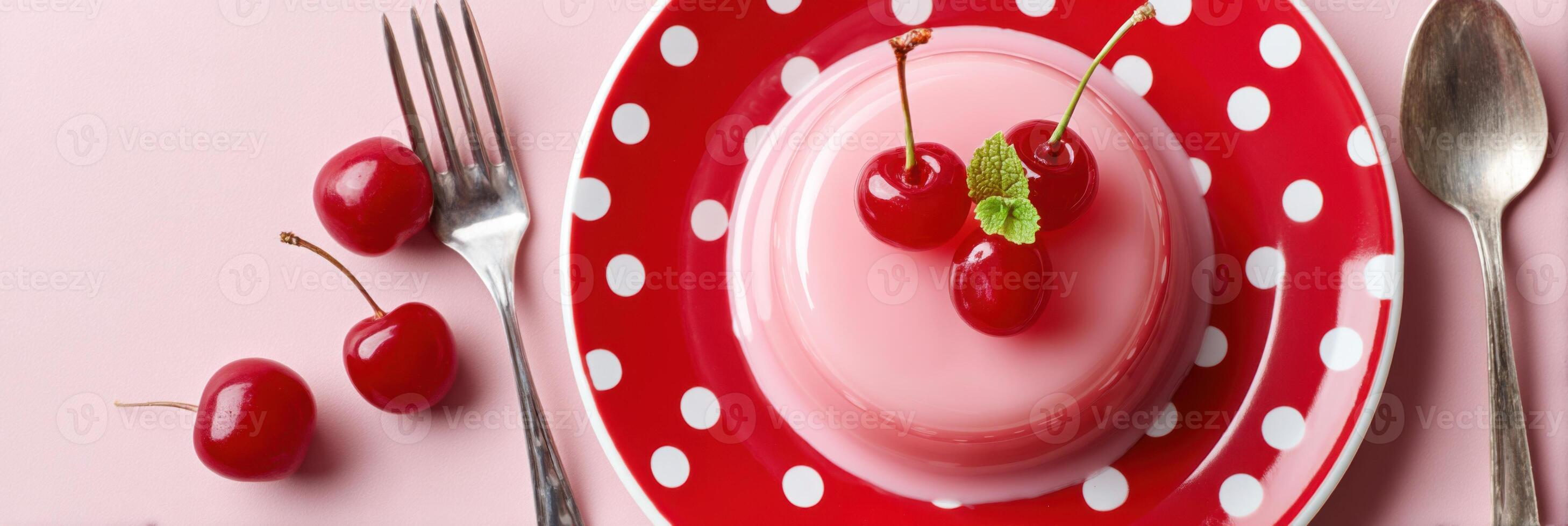 Pink jelly dessert with cherries on red and white polka dots plate and fork on pink background photo