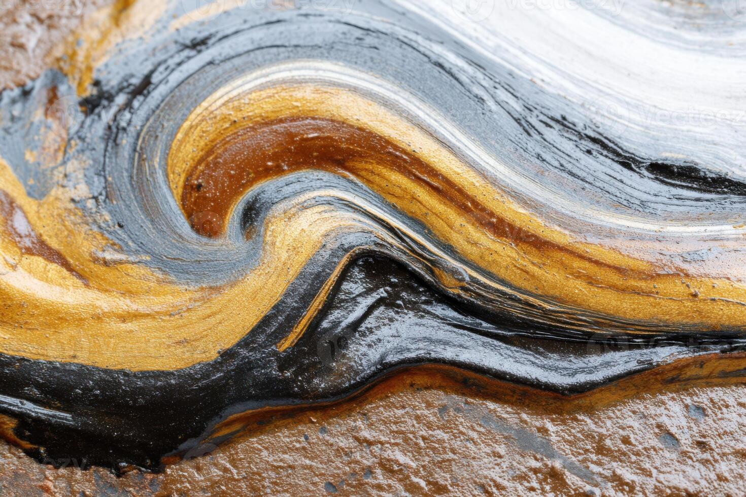 Thick industrial grease creating swirling patterns of gold, brown, black and white photo