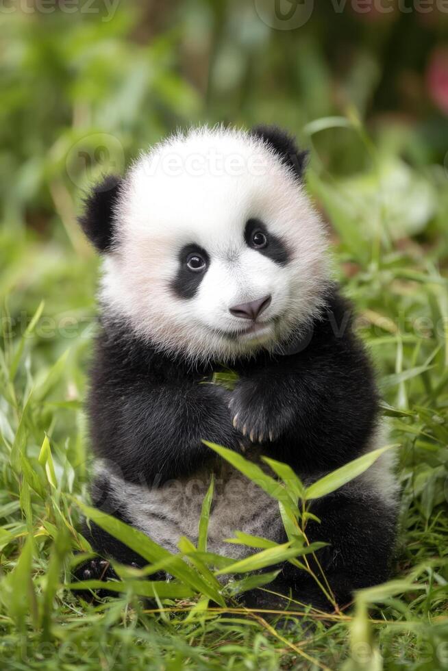 Adorable baby panda sitting and eating bamboo in lush green grass photo