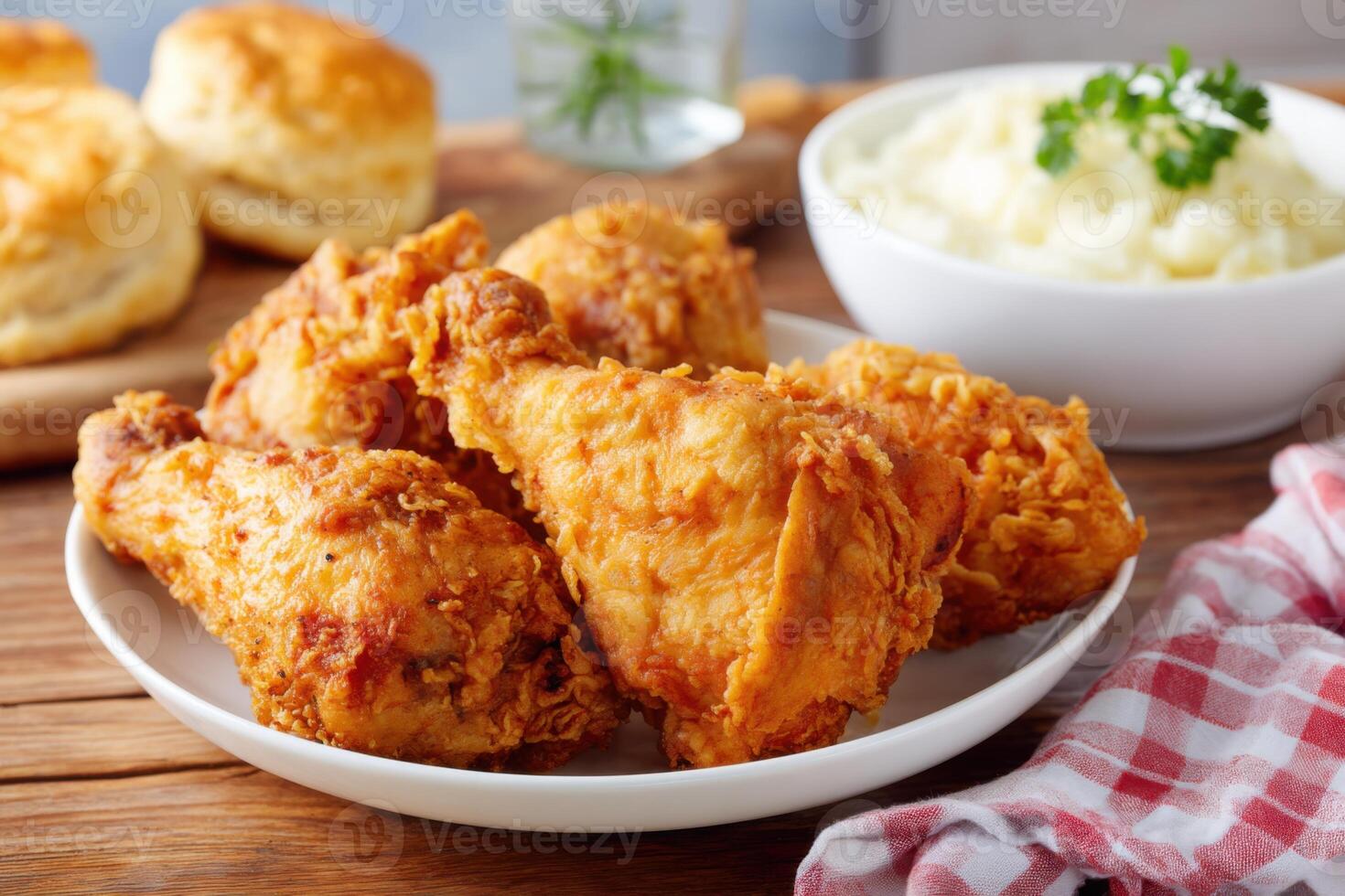 Crispy fried chicken served with creamy mashed potatoes and flaky biscuits on a wooden table, delicious comfort food for family gatherings, comfort food concept photo