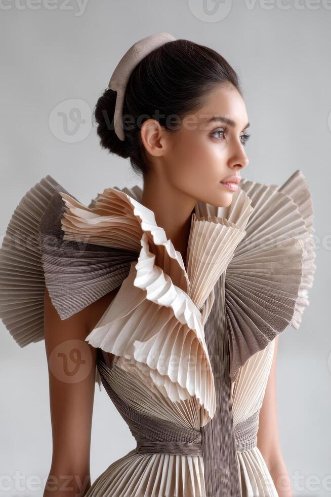 Fashion model wearing pleated avant-garde dress looking away photo