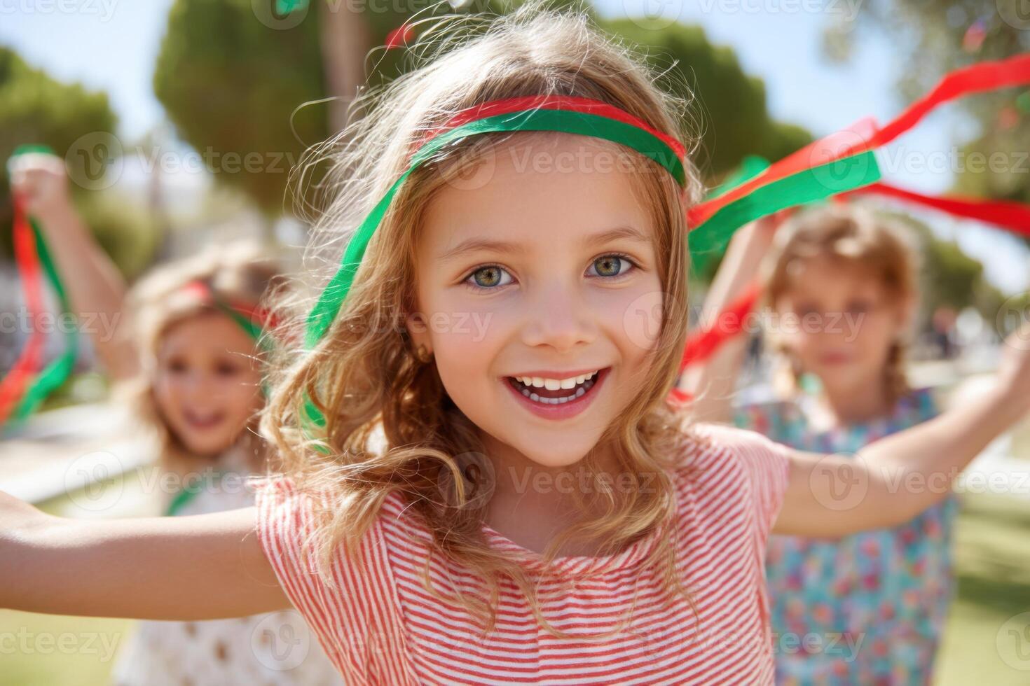 Children dancing with ribbons in the park during a sunny day photo