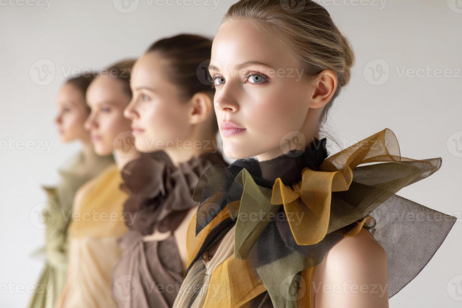 Fashion models wearing elegant dresses inspired by nature posing together photo