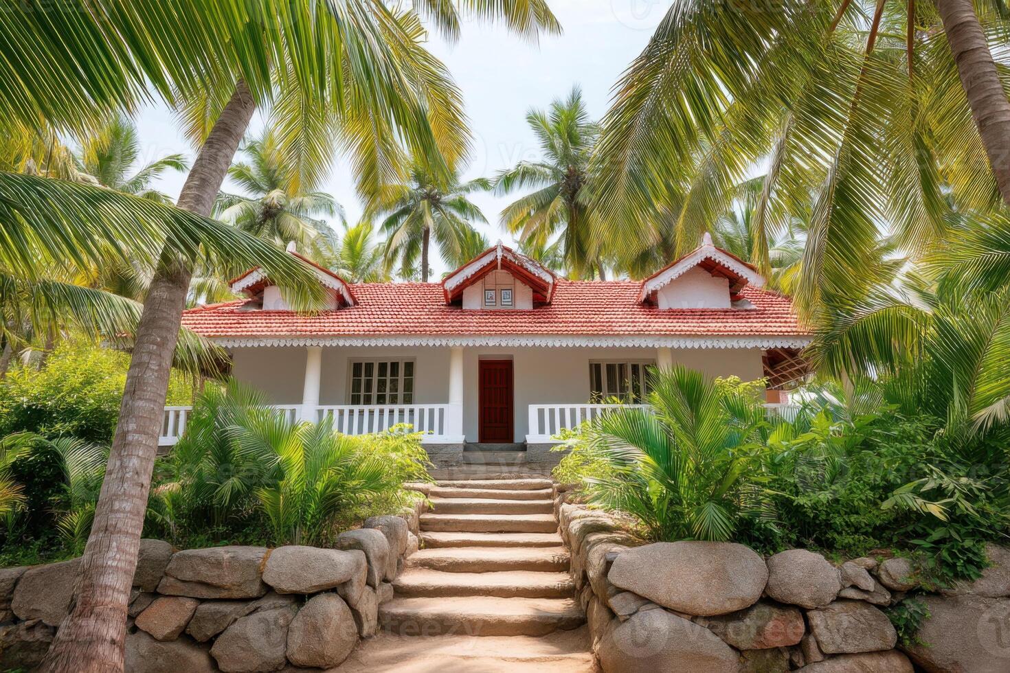 Traditional Kerala-style house surrounded by lush vegetation and palm trees photo