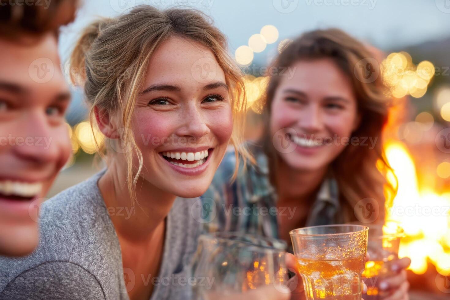 Friends drinking and laughing around campfire photo