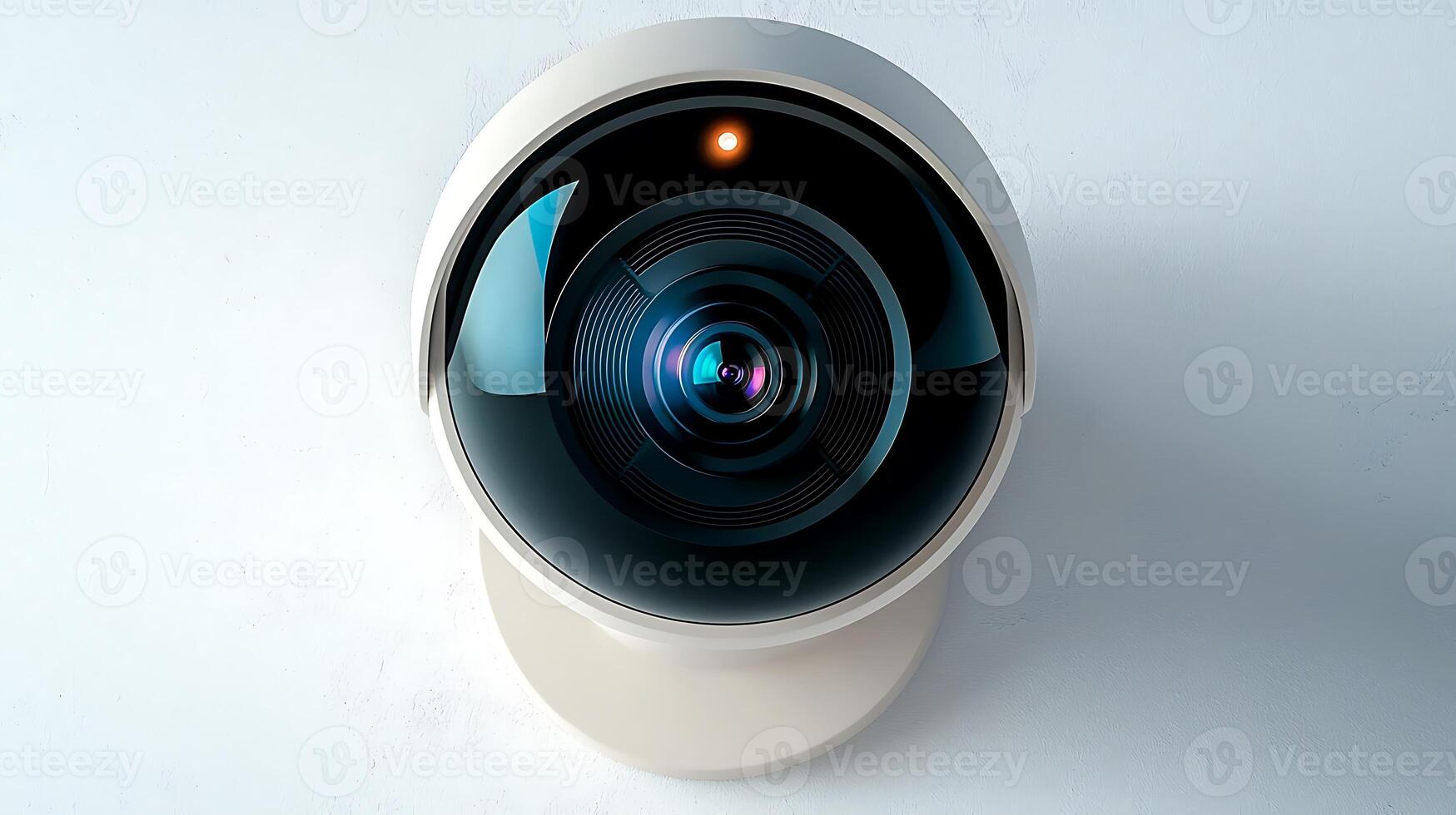 Modern security camera with a sleek design and illuminated indicator on a minimalist background photo
