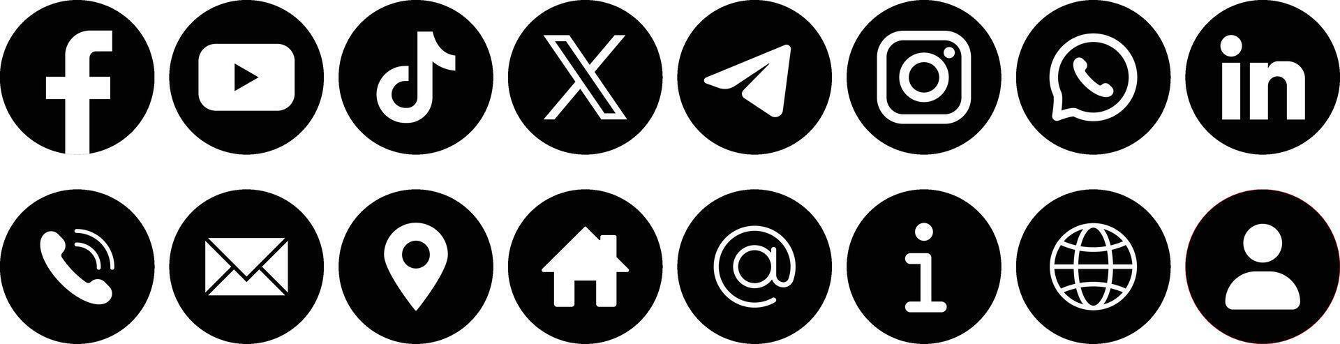 Social Media and Contact Icon Set. Social Media Logo Bundle. Facebook, Youtube, Tiktok, Whatsapp, X, Linkedin, Instagram . vector