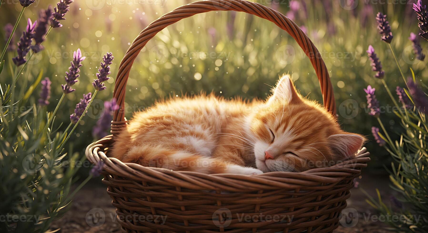 Ginger Kitten Sleeping Peacefully in Basket Amongst Lavender Flowers photo