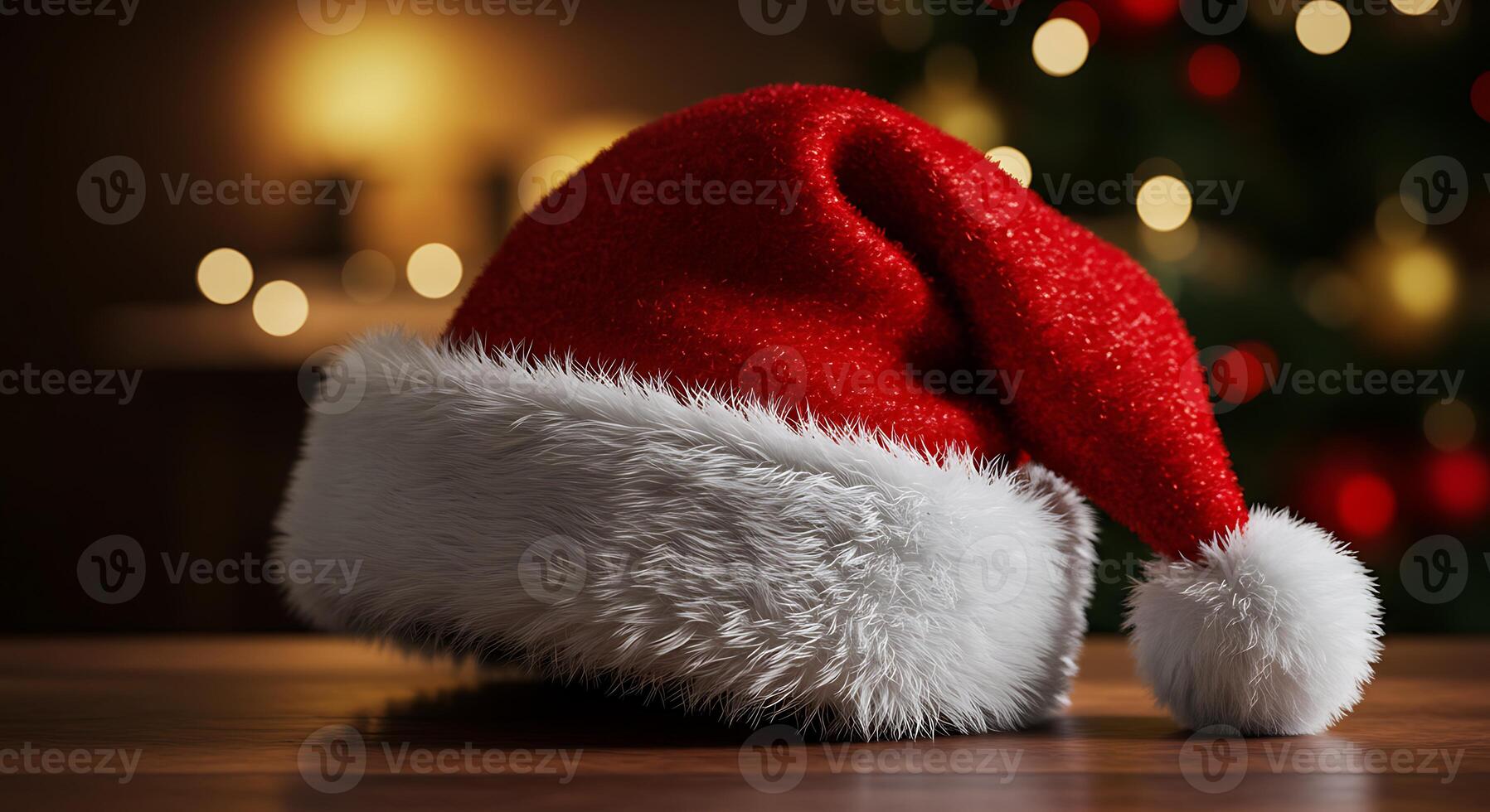 Festive Santa Hat on Wooden Table with Christmas Tree Lights photo
