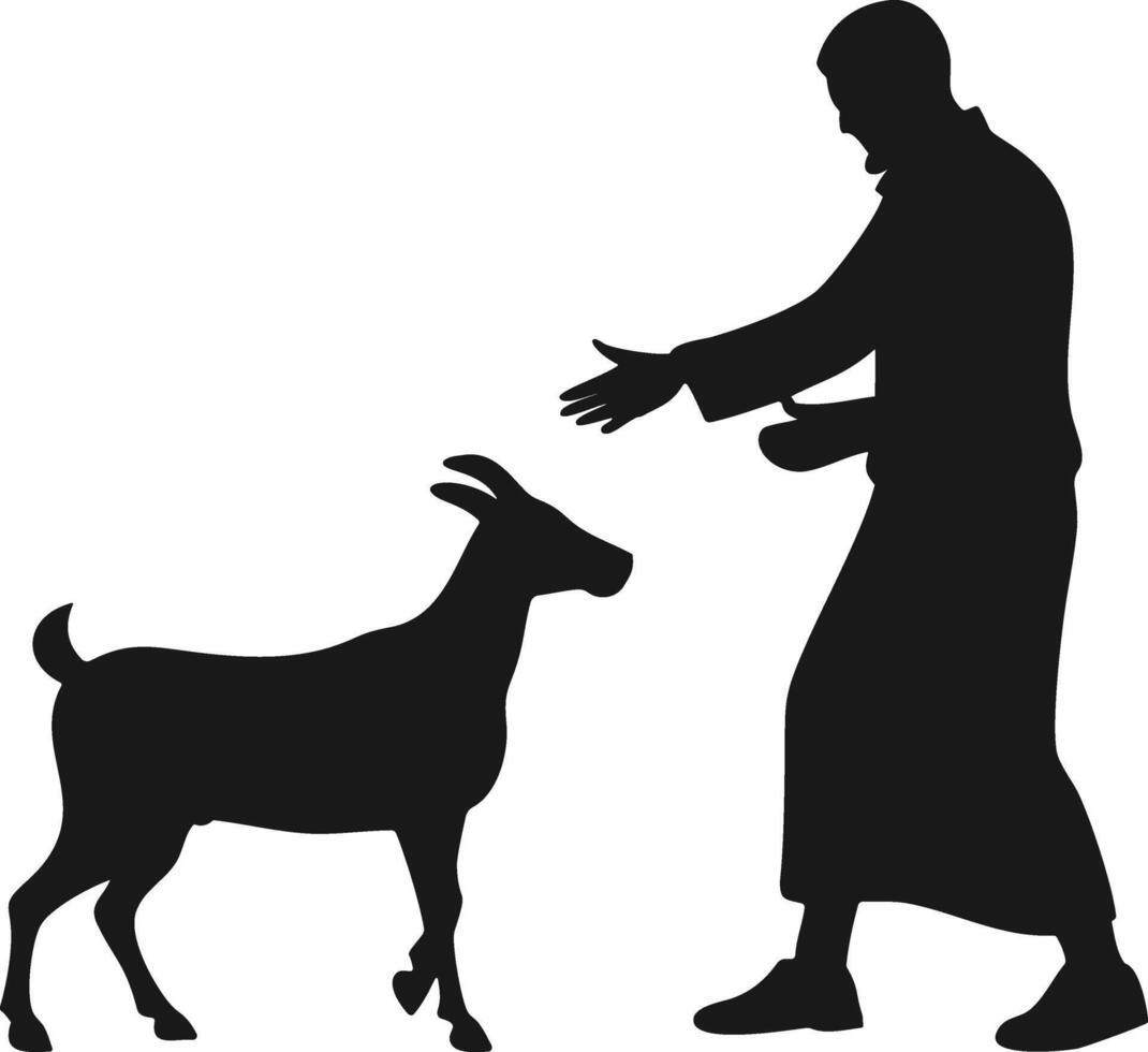 Man interacting with a goat silhouette. Eid Al-Adha Silhouette. Goat . vector