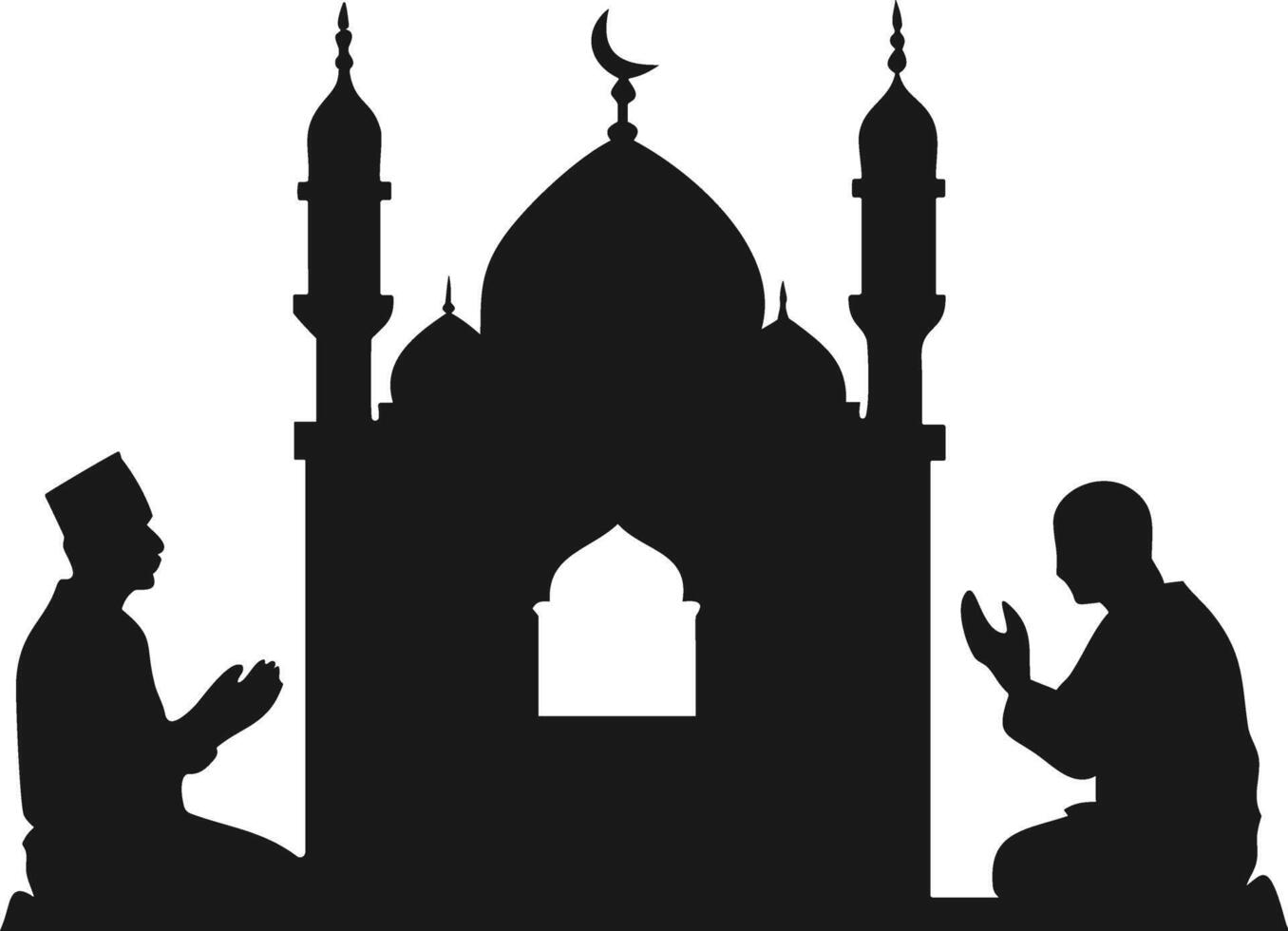 Muslims praying in front of a mosque silhouette. Eid Al Adha Silhouette. vector