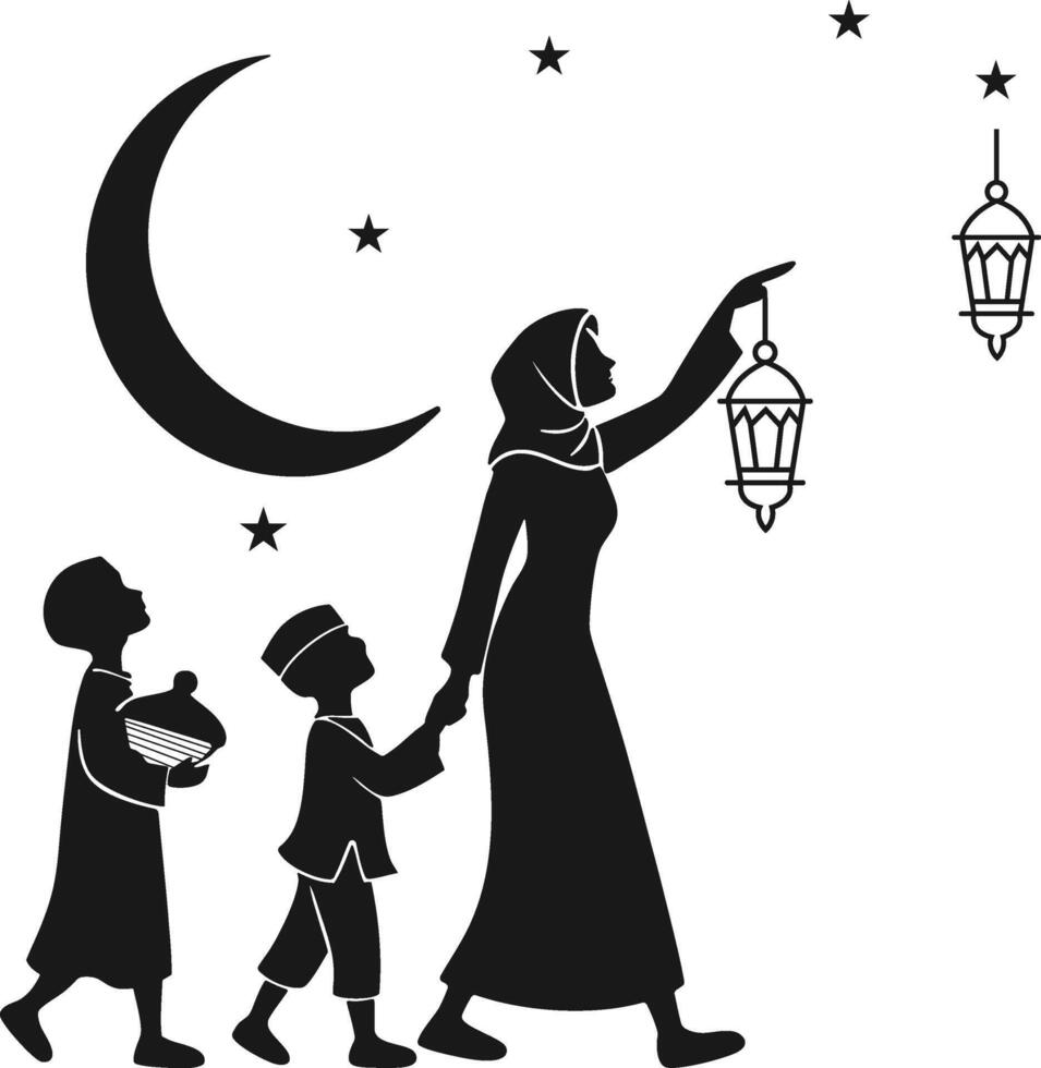 Muslim Family Celebrating Ramadan with Lanterns Under a Crescent Moon. Eid Al Adha Silhouette. vector