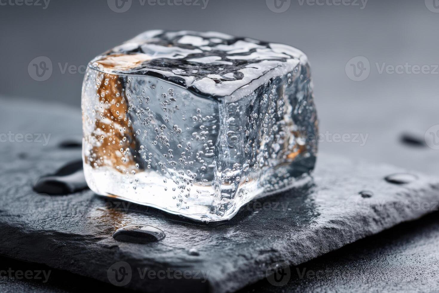 Ice cube resting on a dark stone surface with droplets of water, showcasing its clarity and texture, perfect for beverage cooling, ice concept photo