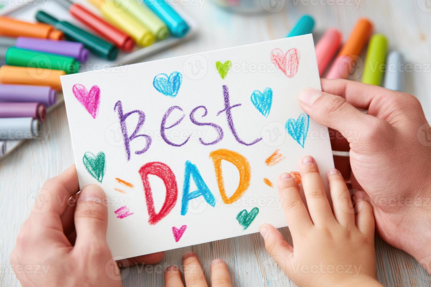 Father and child holding a handmade Father's Day card with colorful hearts and writing photo