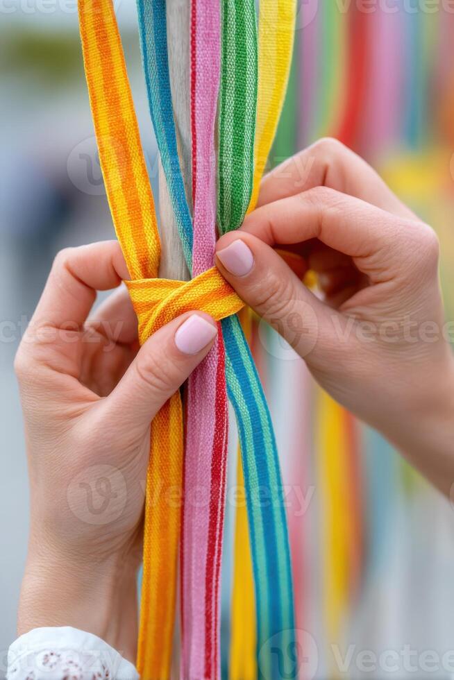 Woman tying colorful ribbons on wooden poles, creating a vibrant outdoor decoration photo