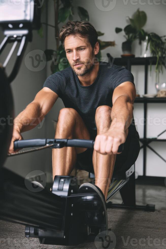 Rowing workout session with a focused man exercising indoors, showcasing strength and determination in a modern fitness environment, fitness lifestyle concept photo