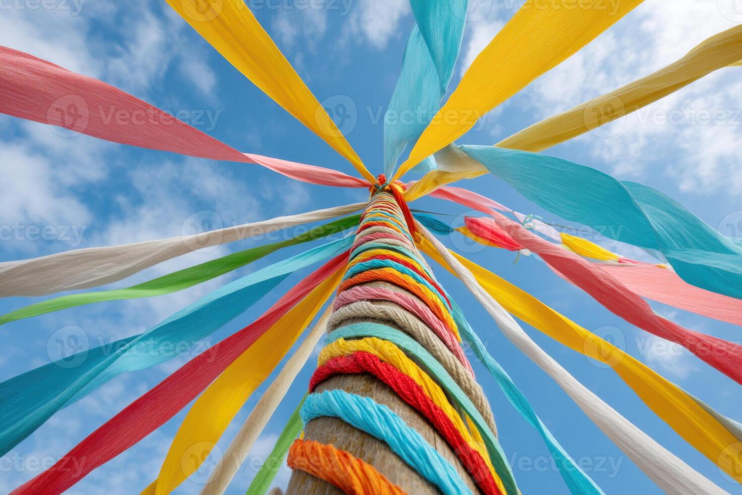 Colorful ribbons decorating traditional Swedish midsummer maypole waving in the wind photo