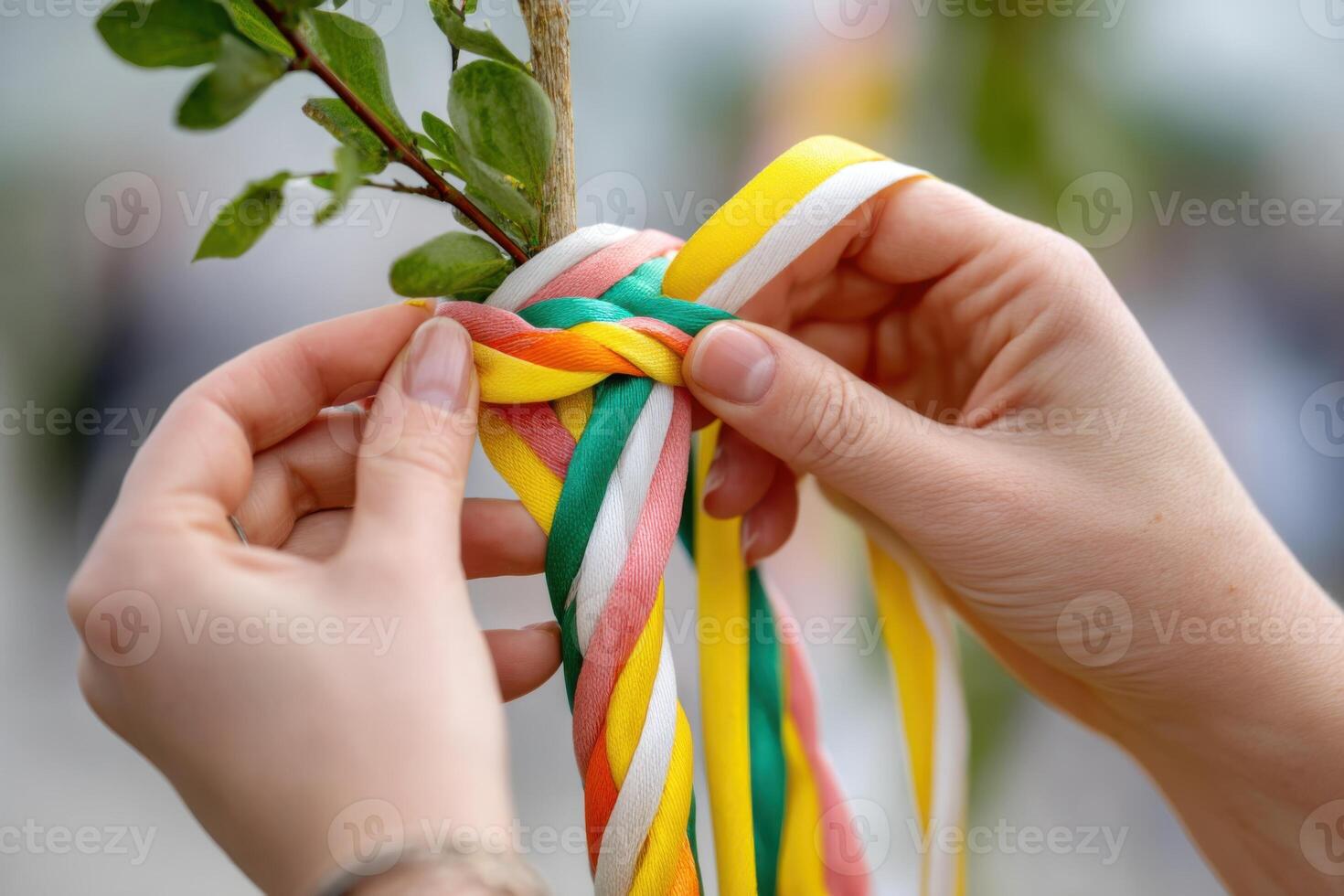 Woman tying colorful ribbons to a tree branch, celebrating a spring festival photo