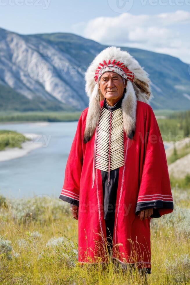 Indigenous Chief Wearing Traditional Headdress Standing in Yukon Territory photo