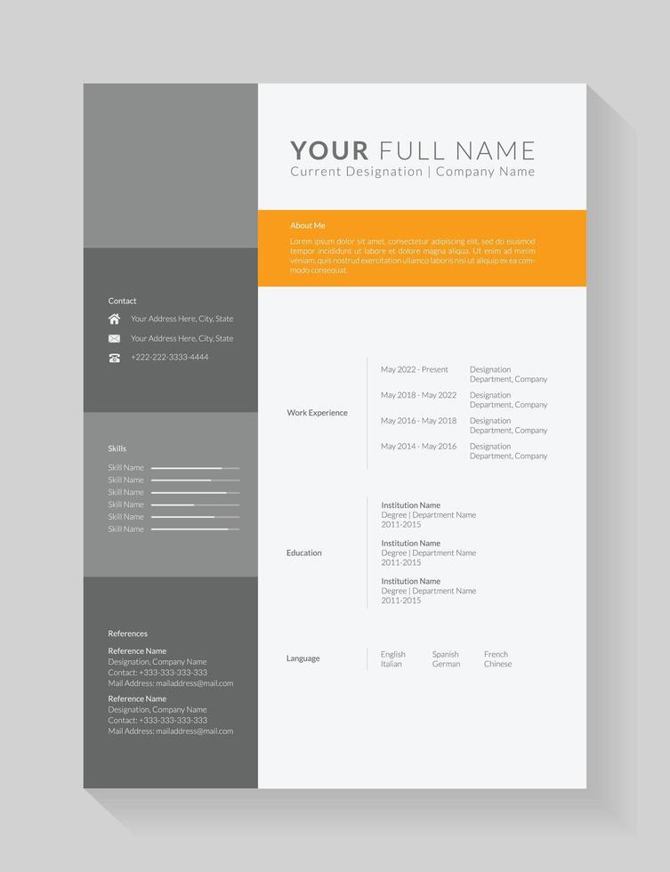 Clean and modern resume or cv template for job candidates. Minimalist simple cv template fully editable. Professional resume letterhead vector