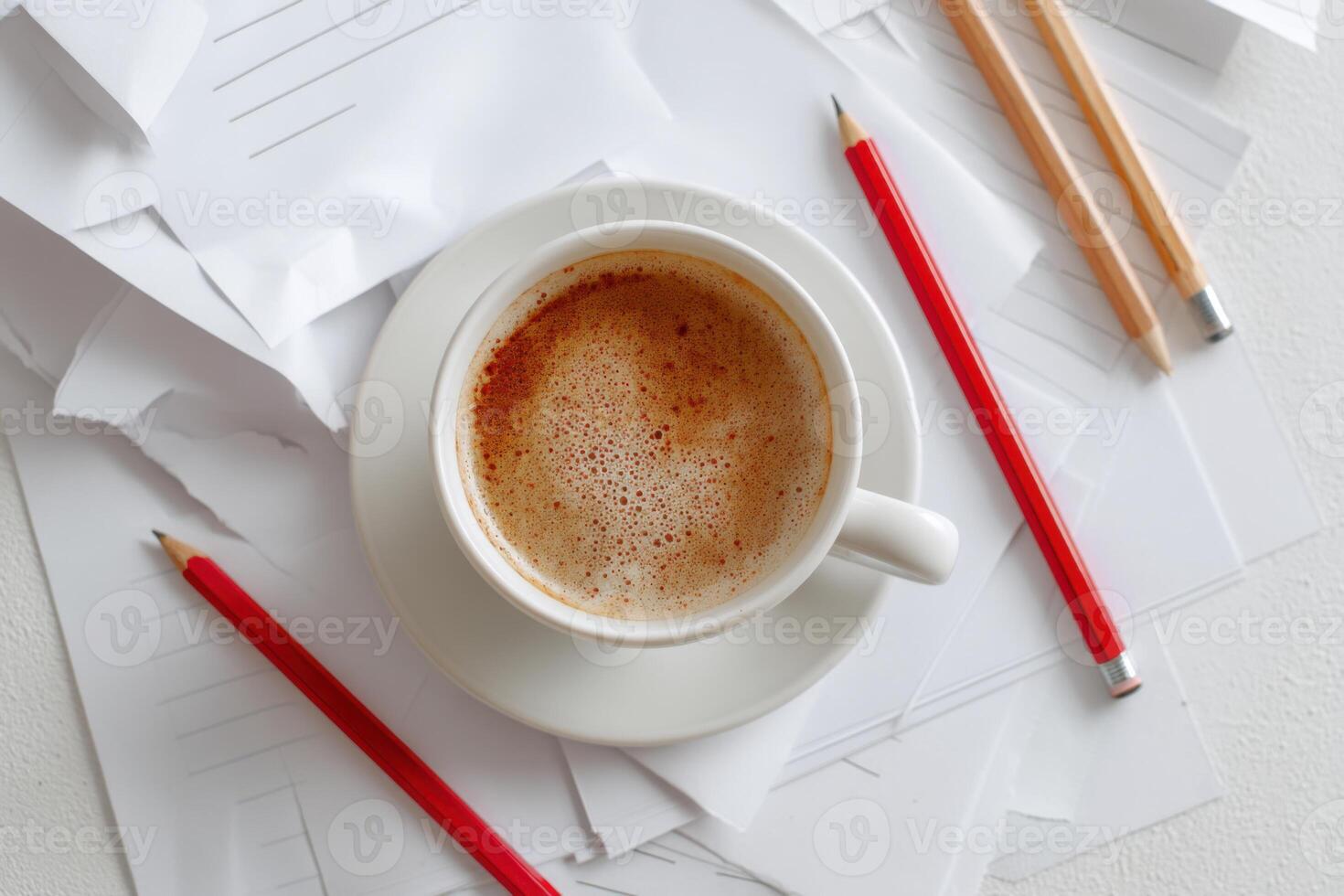 Coffee cup and pencils resting on scattered sheets of paper photo