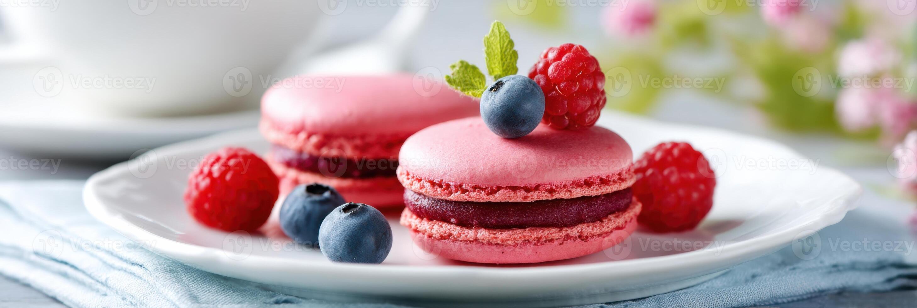 Raspberry macarons with fresh berries creating a sweet temptation on a white plate photo