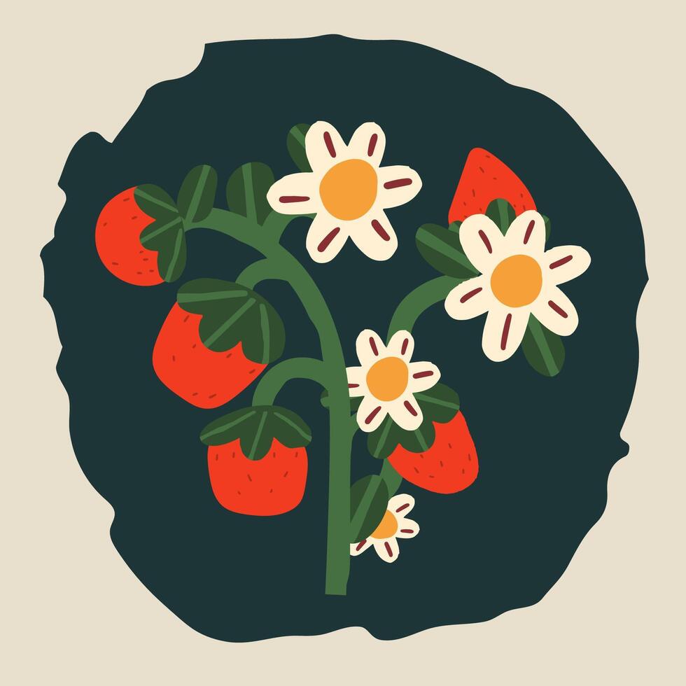 Blossom strawberry branch with berries and bloom. Summer wildflower. Flat illustration. vector
