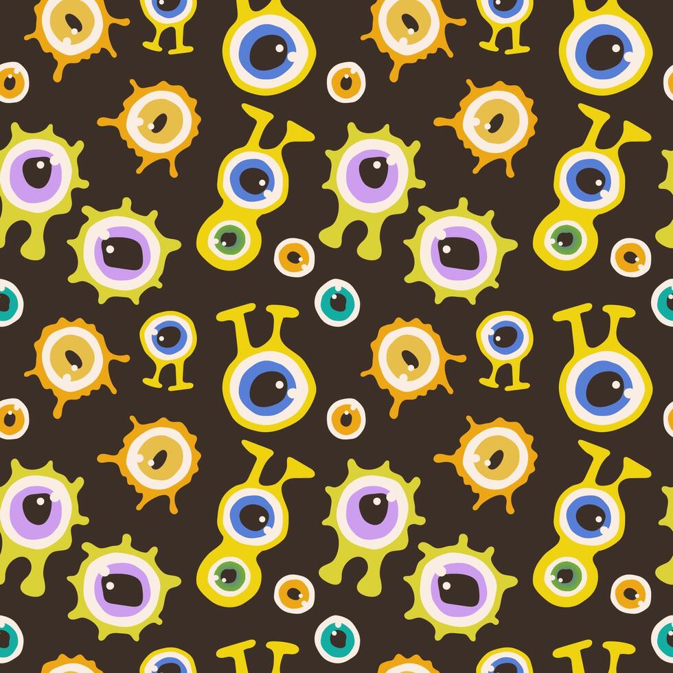 Colorful seamless pattern with cute aliens and eyes oa a dark background. vector