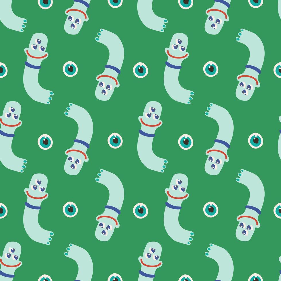 Colorful seamless pattern with cute aliens oa a green background. vector