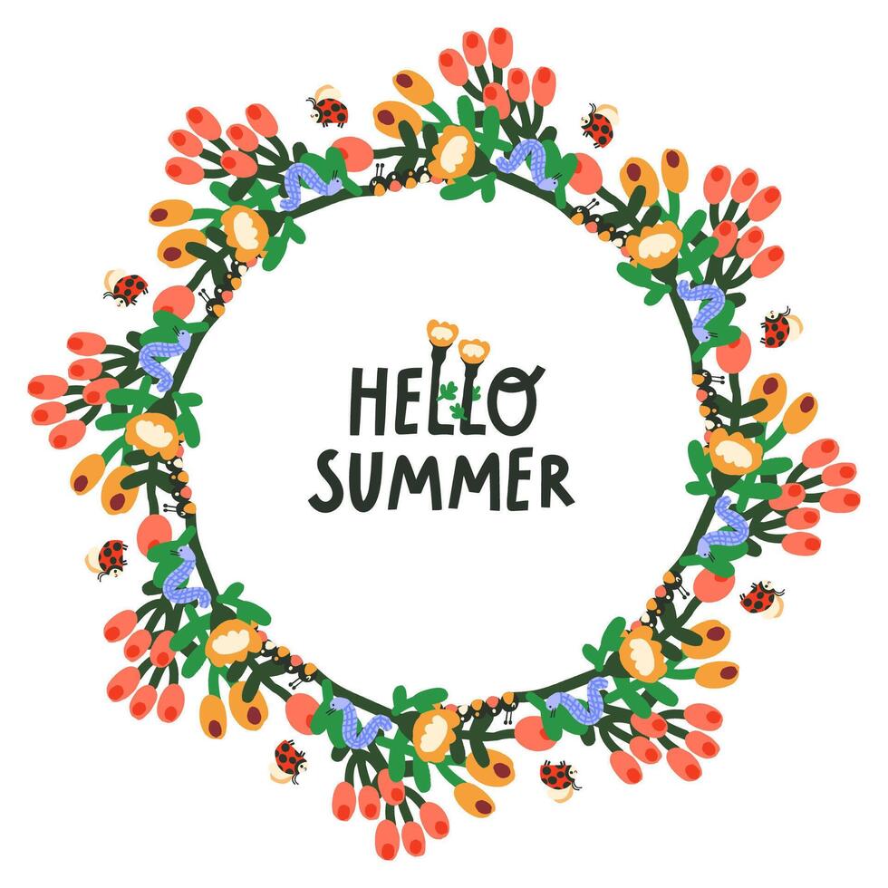 Hand draw naive Wreath with summer flowers caterpillars and ladybug, Flower Frame in Circle. vector