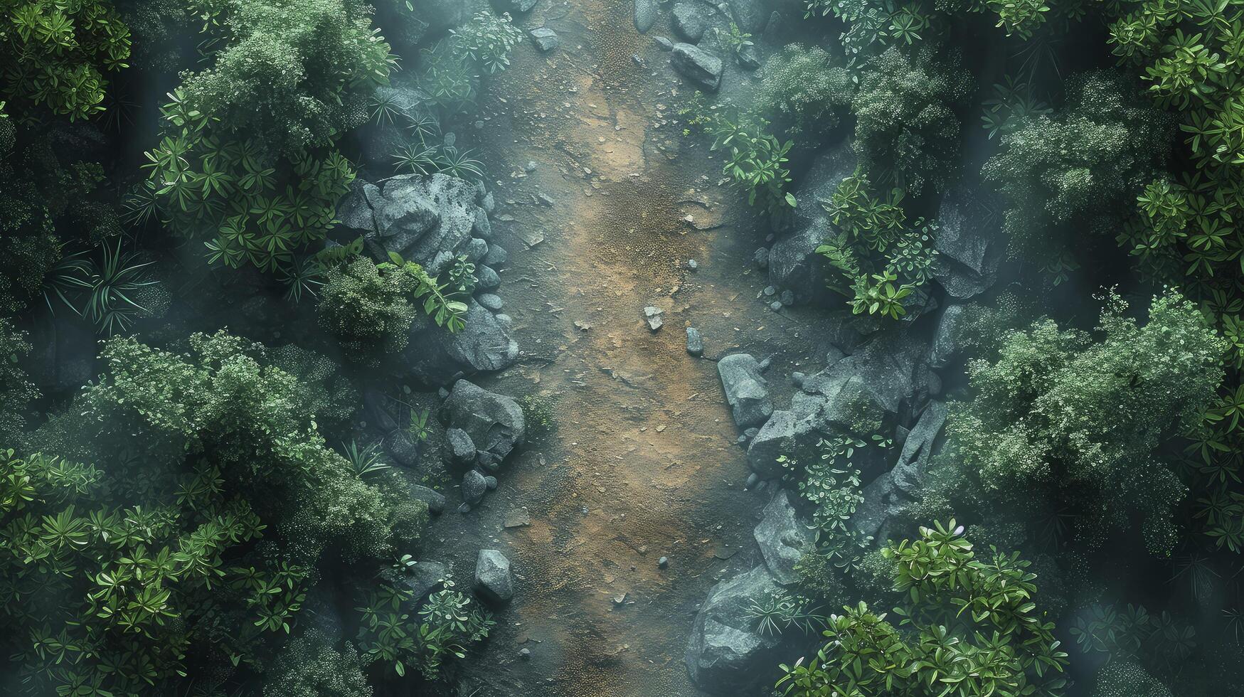 Aerial view of a winding dirt road through the lush jungle photo