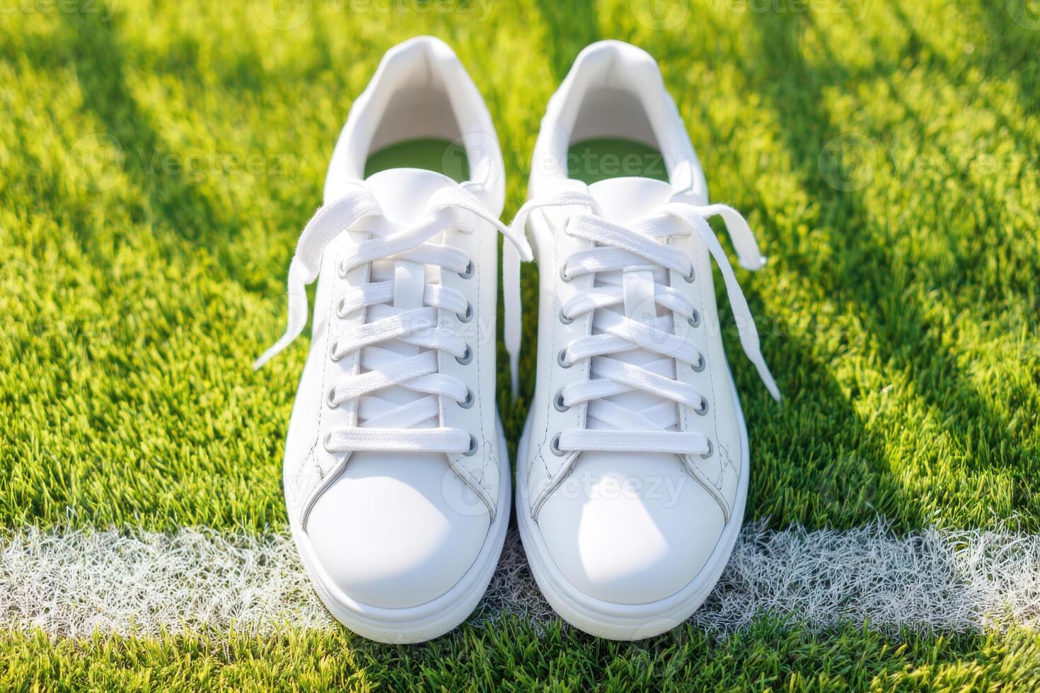 White tennis shoes standing on the baseline of a green tennis court photo